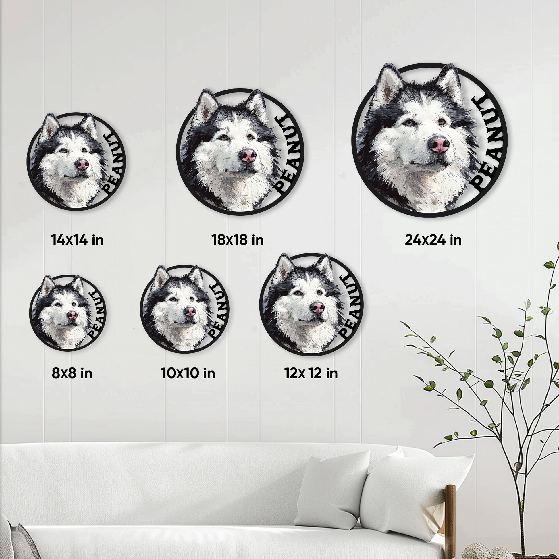 Alaskan Malamute metal sign size guide showing available round sign sizes from 8 by 8 to 24 by 24 inches