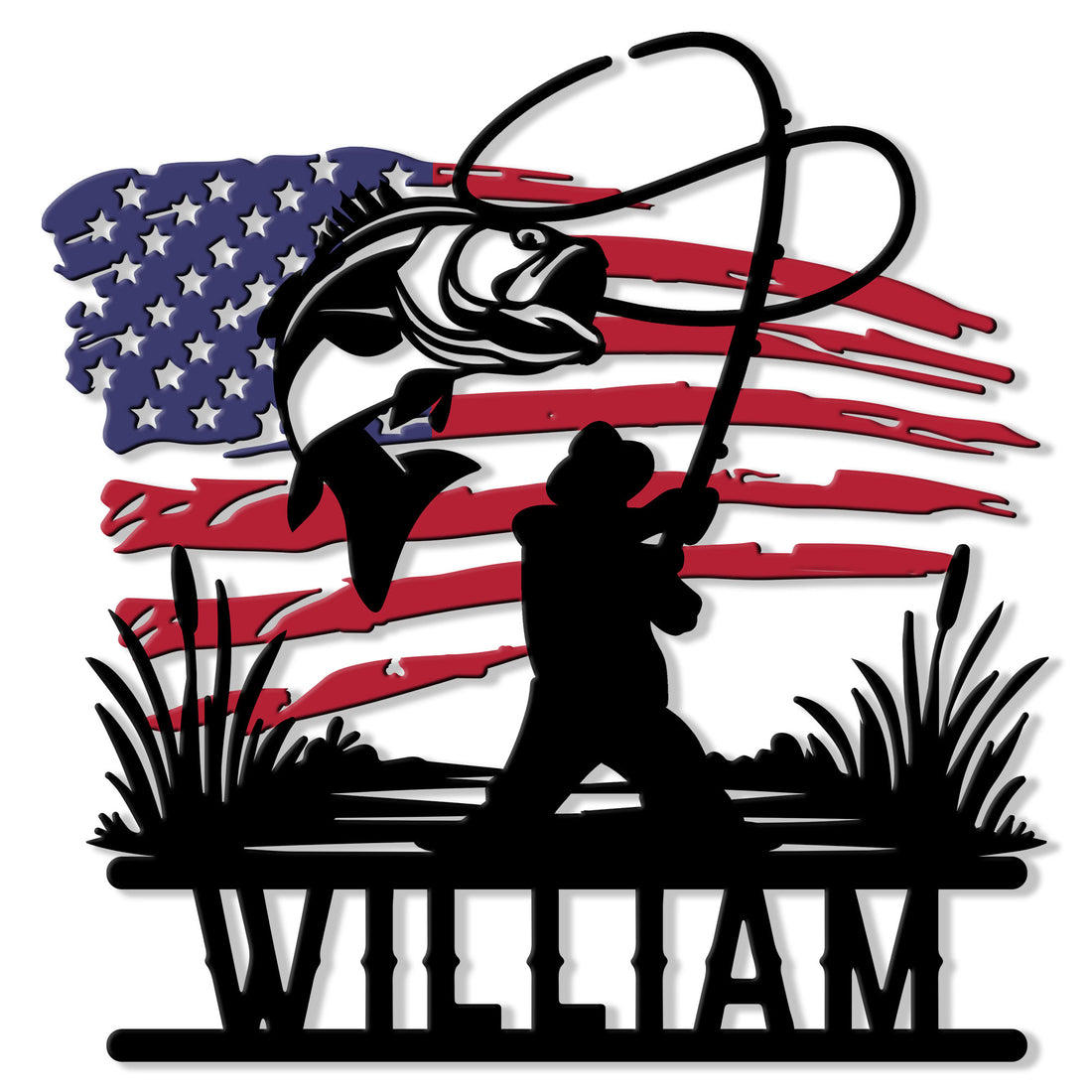 Custom bass fishing metal sign with an angler silhouette, leaping fish, and distressed American flag backdrop