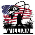 Custom bass fishing metal sign with an angler silhouette, leaping fish, and distressed American flag backdrop
