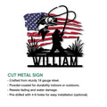 Bass fishing metal sign feature graphic showing the patriotic angler design and product presentation details