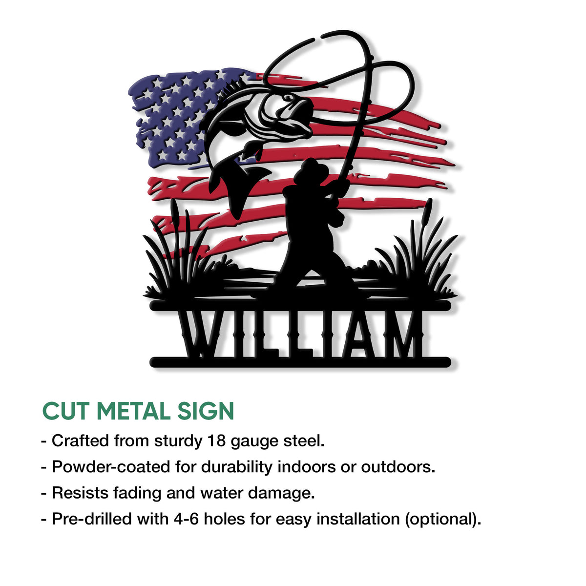 Bass fishing metal sign feature graphic showing the patriotic angler design and product presentation details