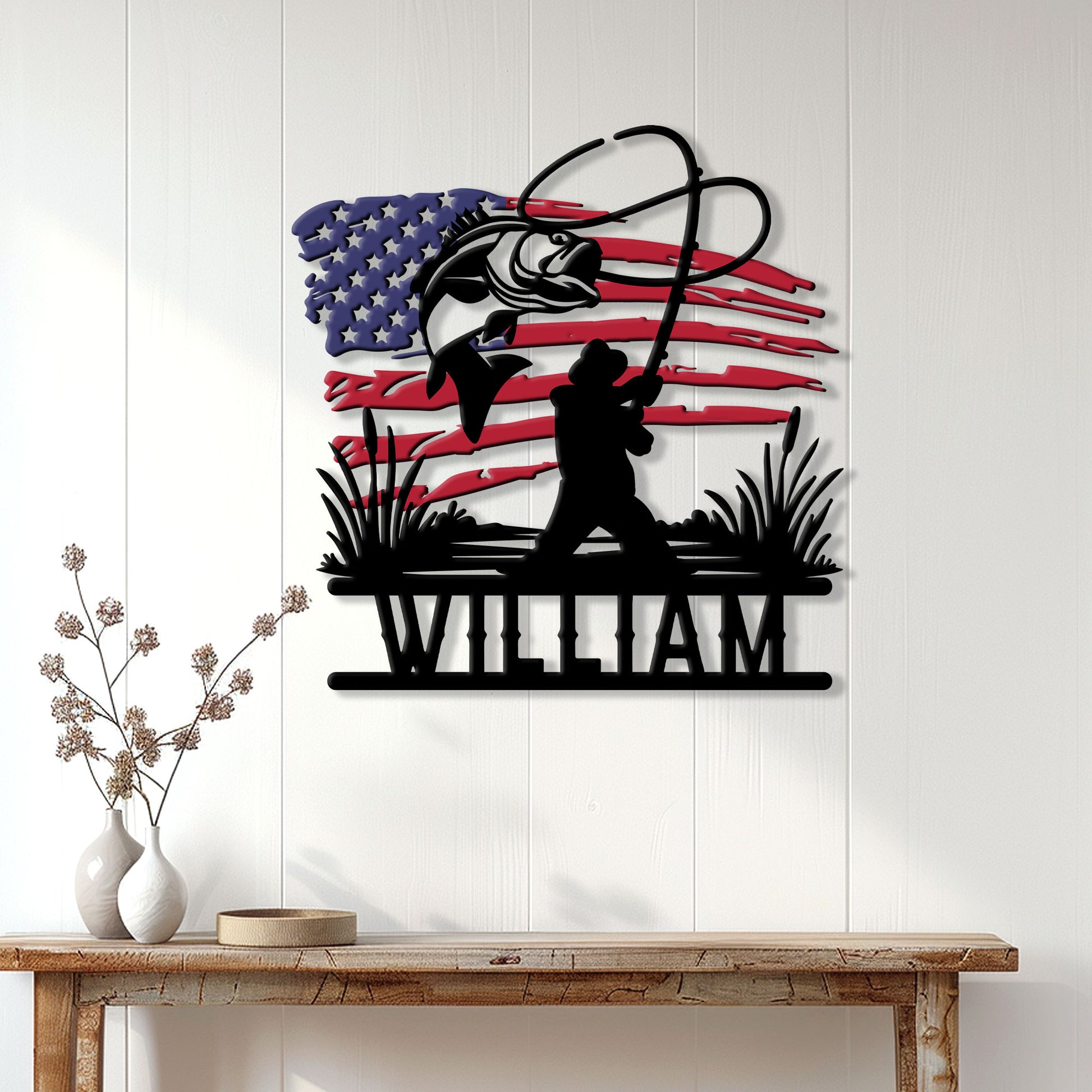 Patriotic bass fishing wall decor displayed on a white paneled wall above a rustic console table