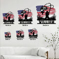 Bass fishing metal sign size guide showing multiple square size options displayed on a living room wall