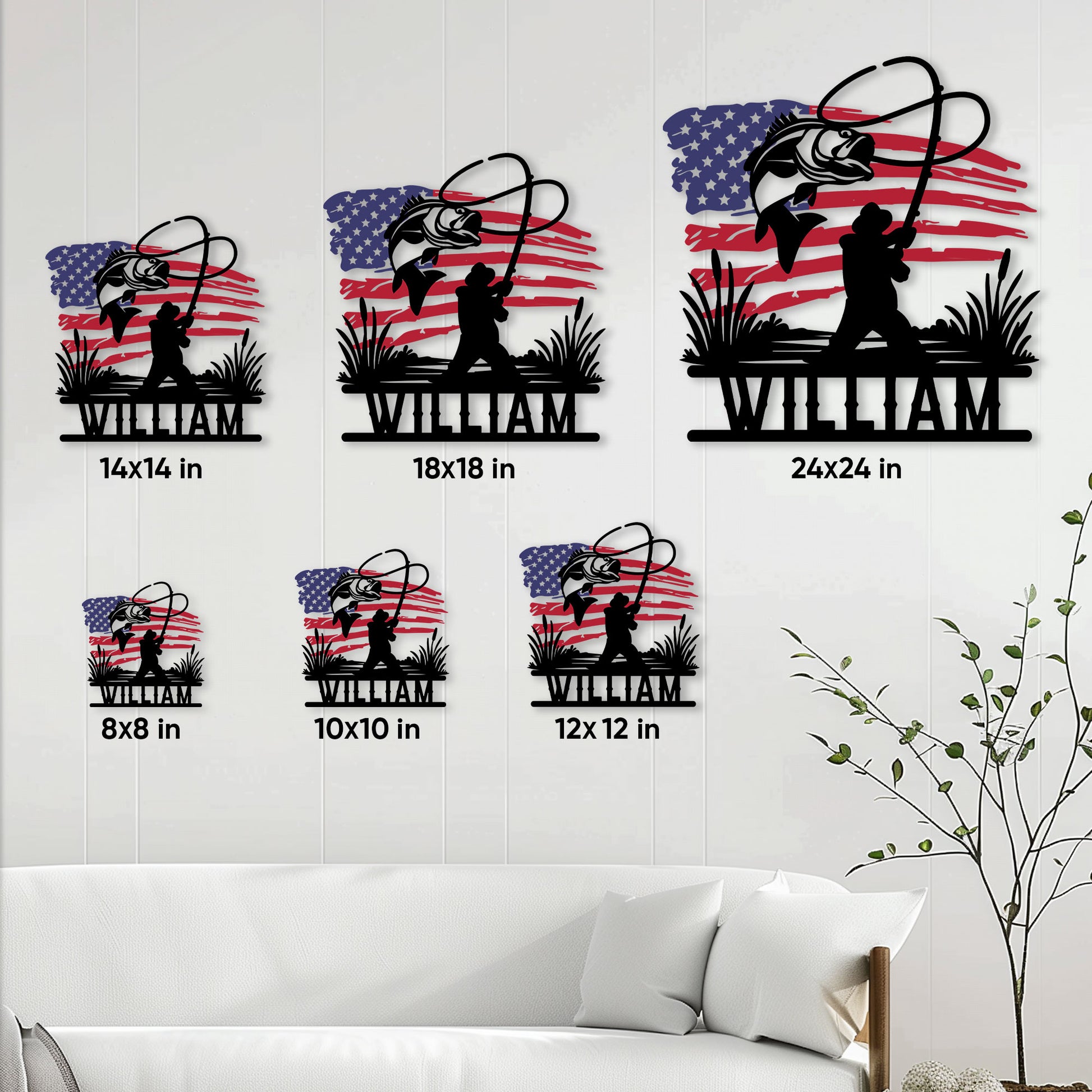 Bass fishing metal sign size guide showing multiple square size options displayed on a living room wall