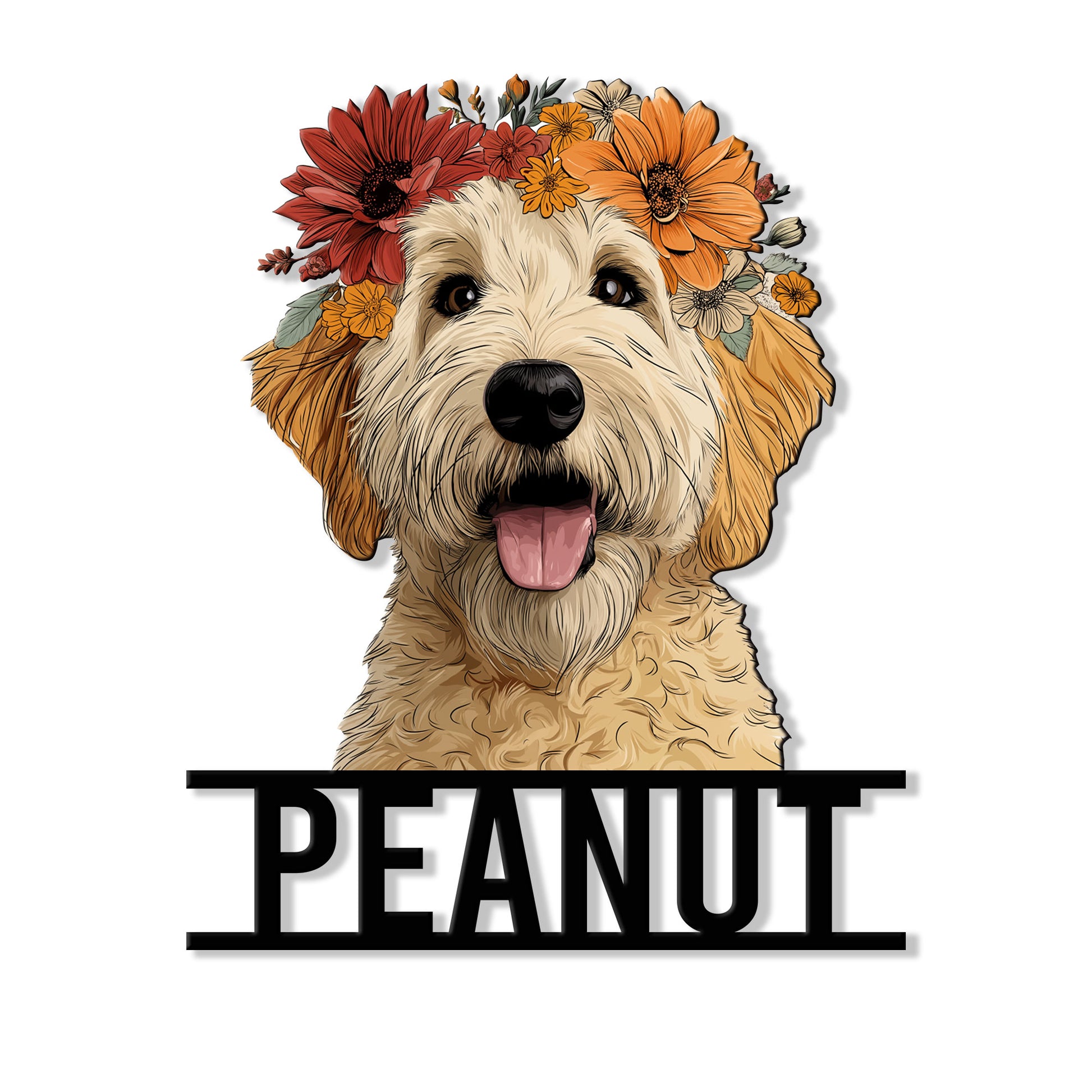 Floral Labradoodle metal sign featuring a cheerful shaggy dog portrait with colorful flowers
