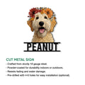 Labradoodle metal sign product graphic showing a flower-crowned dog portrait and cut metal sign details