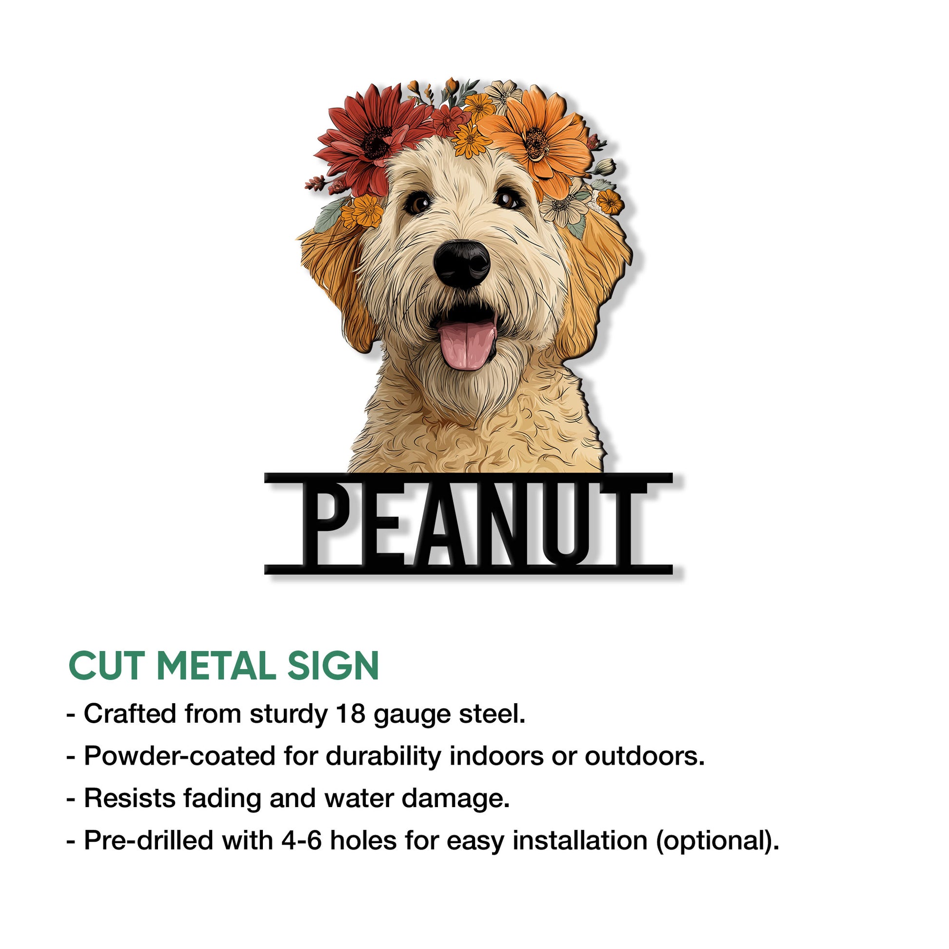 Labradoodle metal sign product graphic showing a flower-crowned dog portrait and cut metal sign details