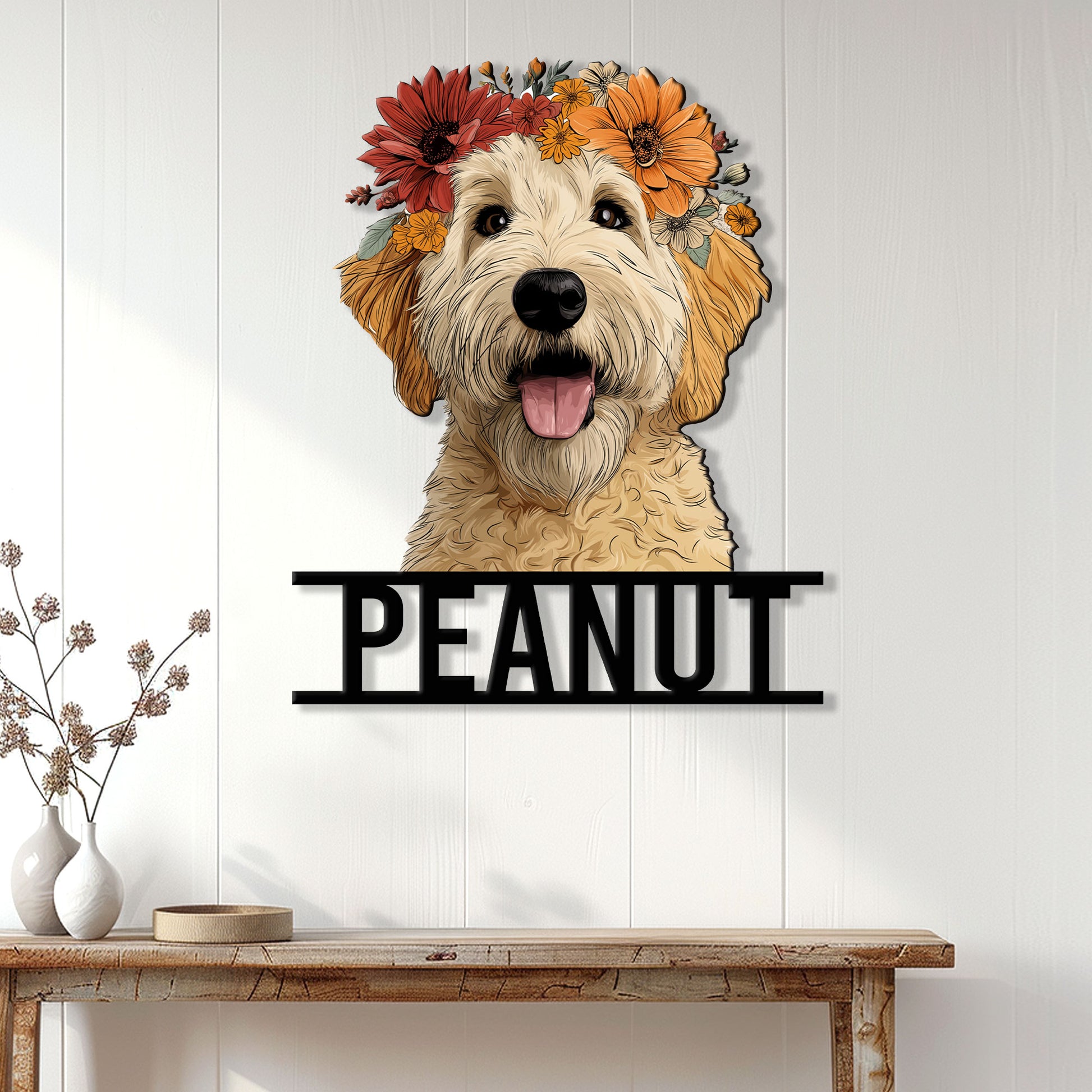 Floral Labradoodle wall sign displayed on a light paneled wall above a console table