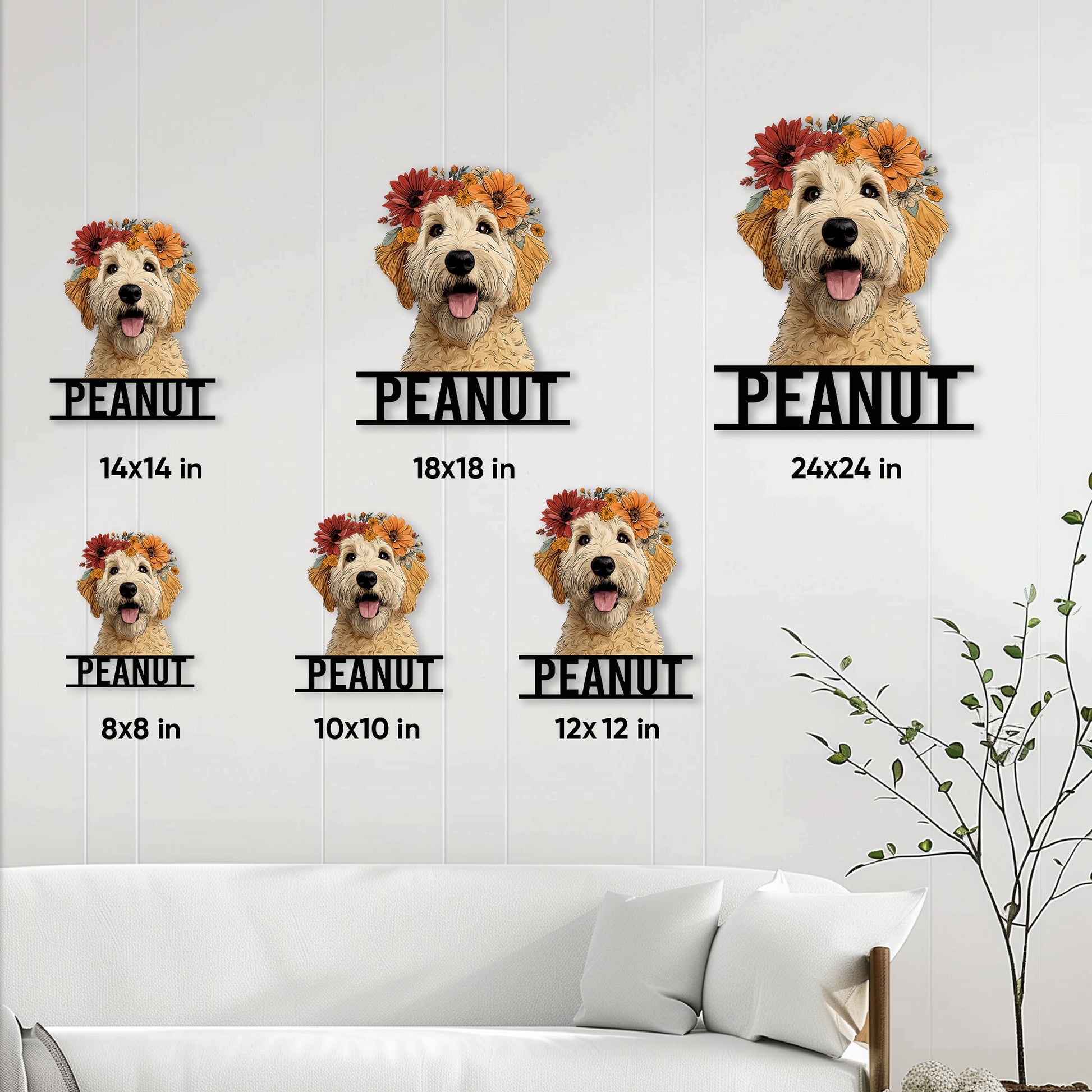 Labradoodle metal sign size guide showing several square size options in a living room setting