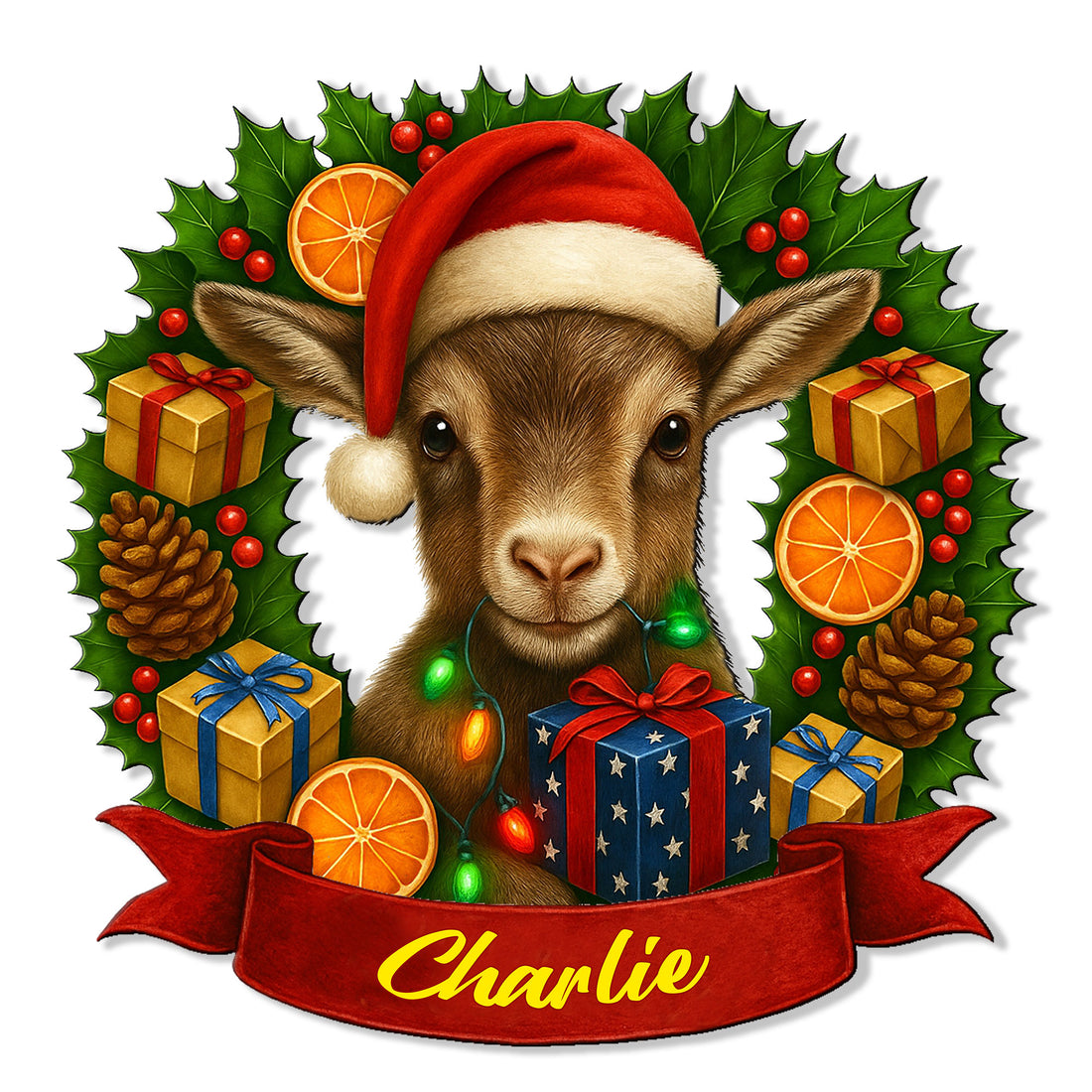 Christmas goat metal sign featuring a Santa hat, holiday wreath, gifts, lights, and a red decorative ribbon