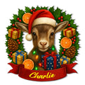 Christmas goat metal sign featuring a Santa hat, holiday wreath, gifts, lights, and a red decorative ribbon