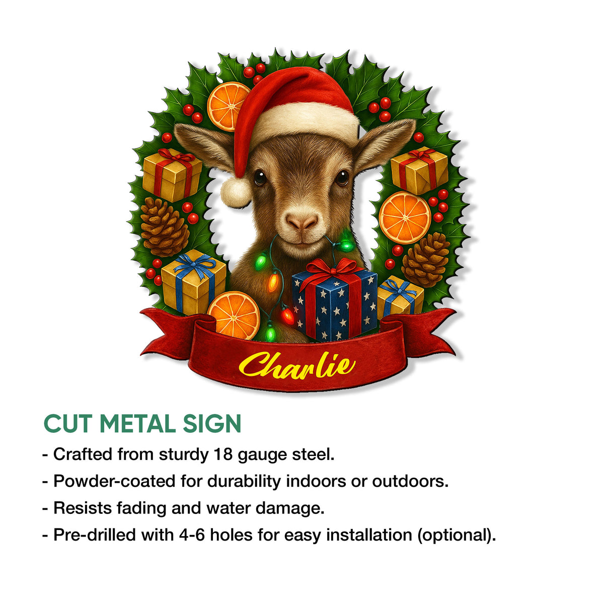 Christmas goat cut metal sign feature graphic showing the holiday artwork and product construction details
