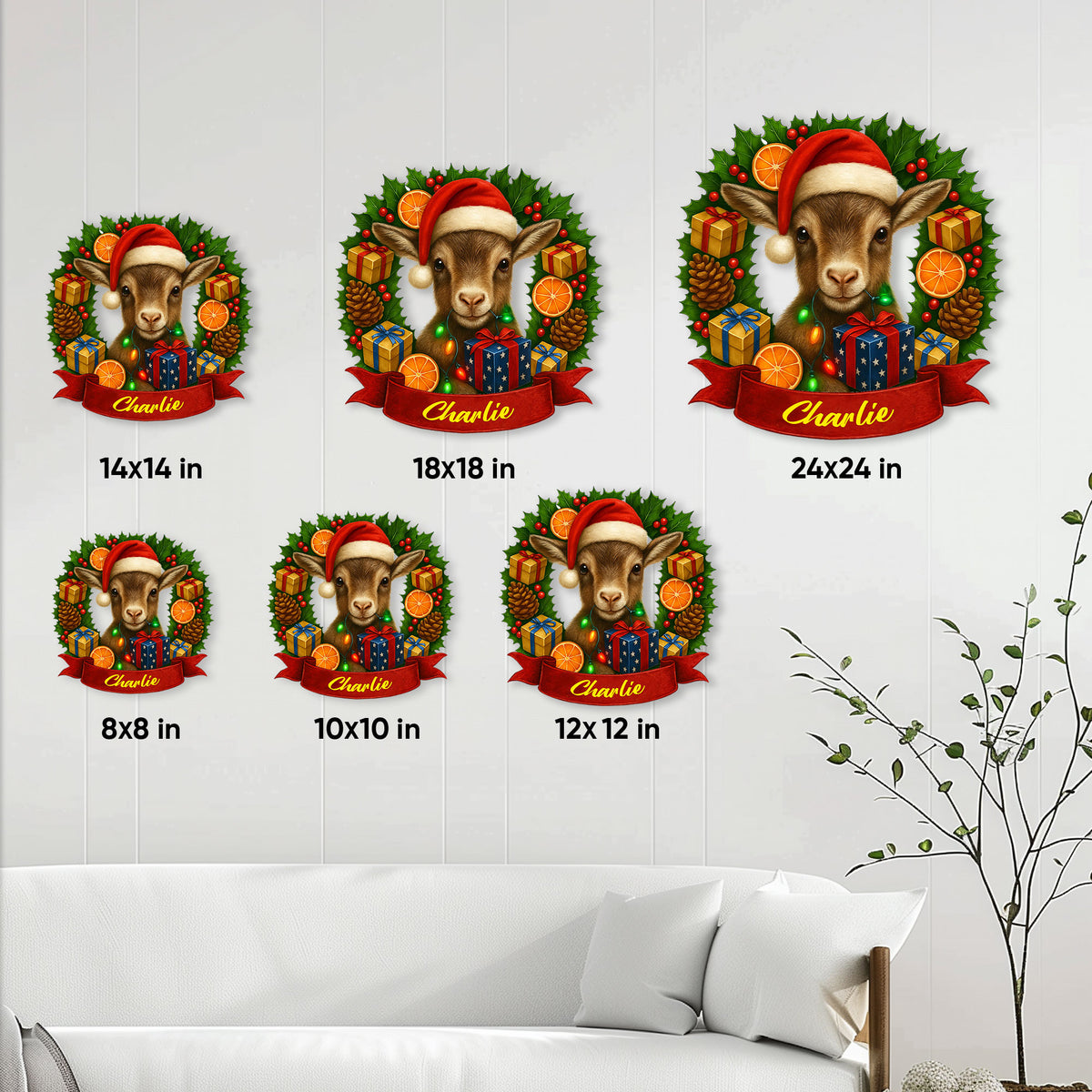 Christmas goat metal sign size guide showing six square size options staged on a living room wall