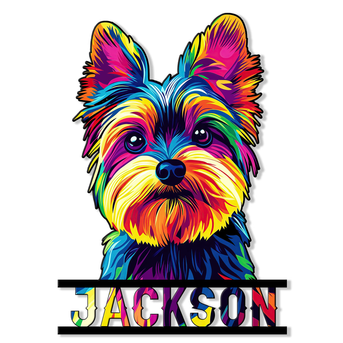 Colorful Yorkie portrait metal sign with bold multicolor fur and a playful dog lover decor design