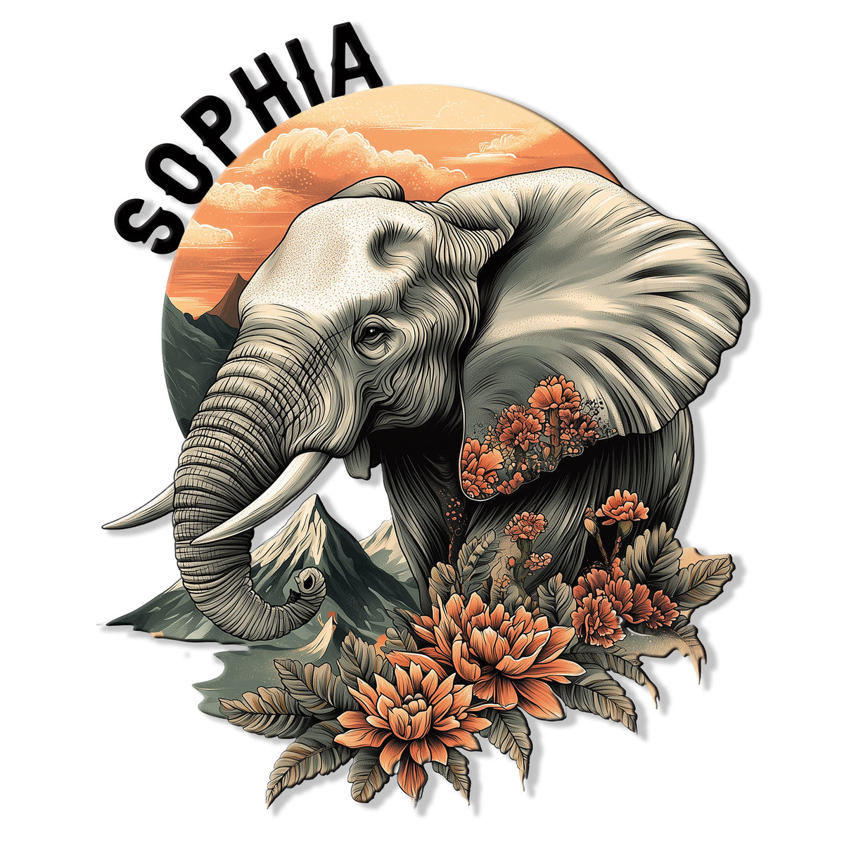 Elephant metal sign featuring a detailed elephant, orange flowers, mountains, and a warm sunset scene