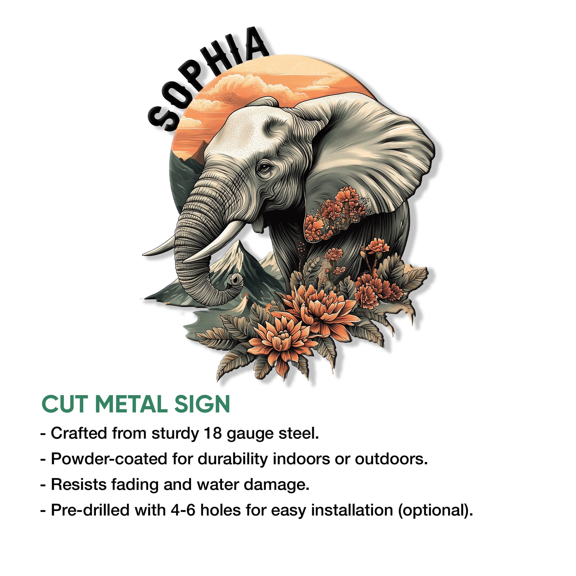Elephant cut metal sign showing a floral elephant design with mountain scenery and sunset colors