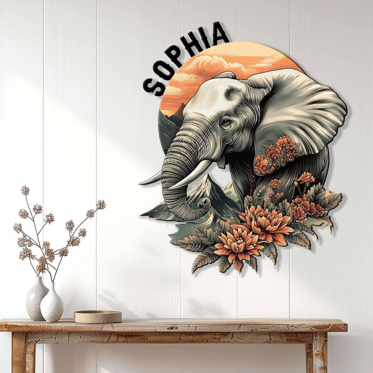 Elephant wall sign displayed above a console table in a bright modern living space