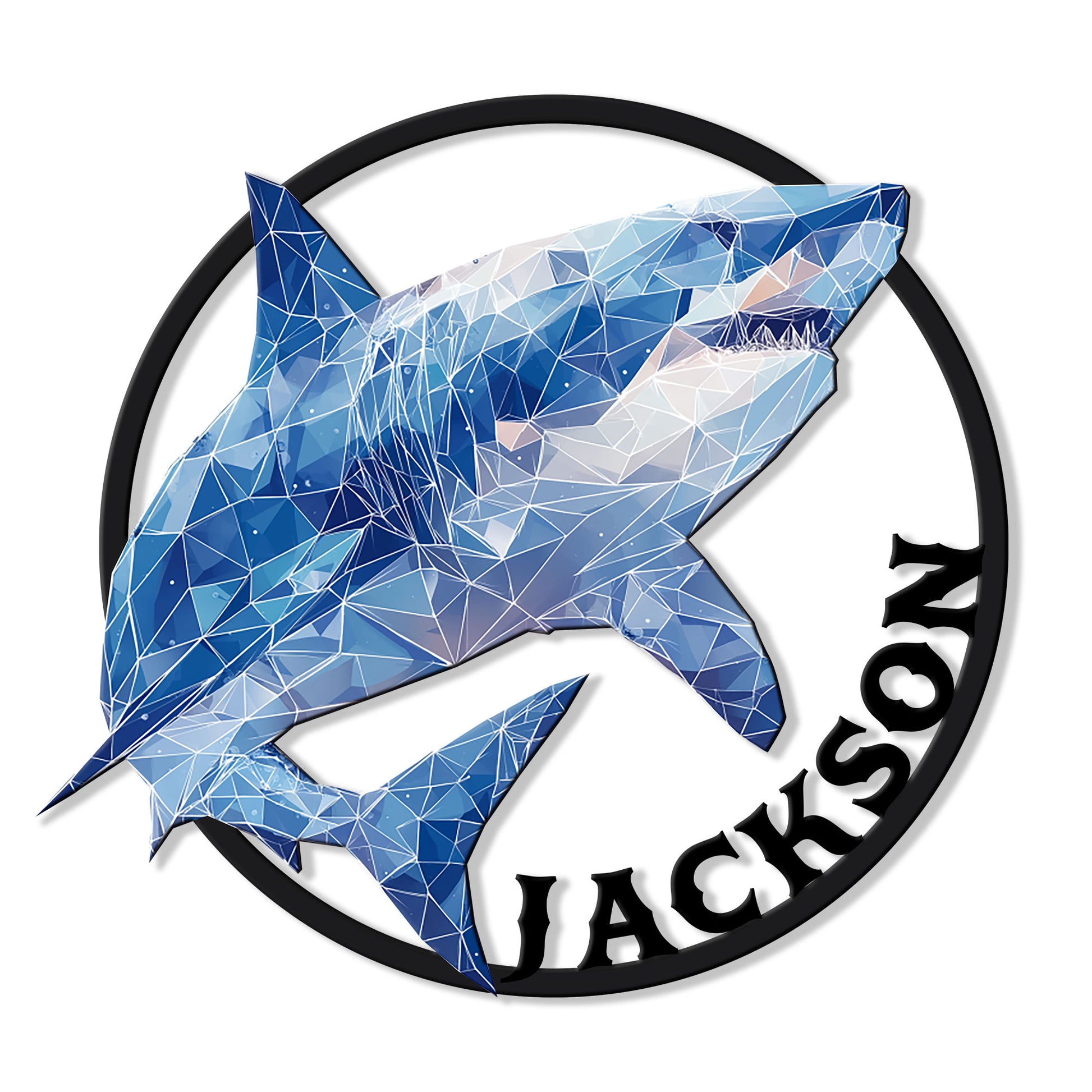 Blue geometric shark metal sign with a leaping shark silhouette inside a circular frame