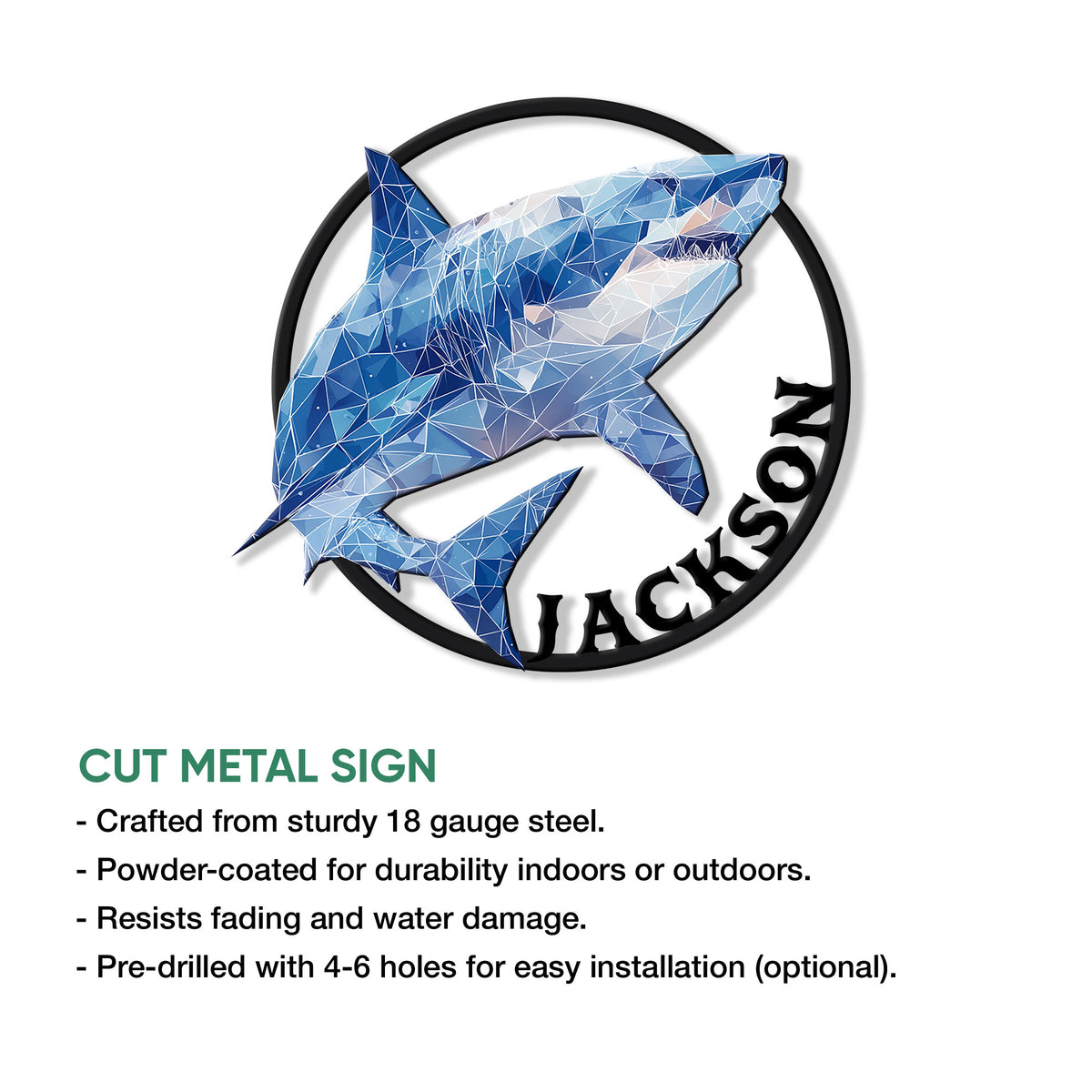 Geometric blue shark metal sign shown in a product feature graphic for indoor or outdoor decor