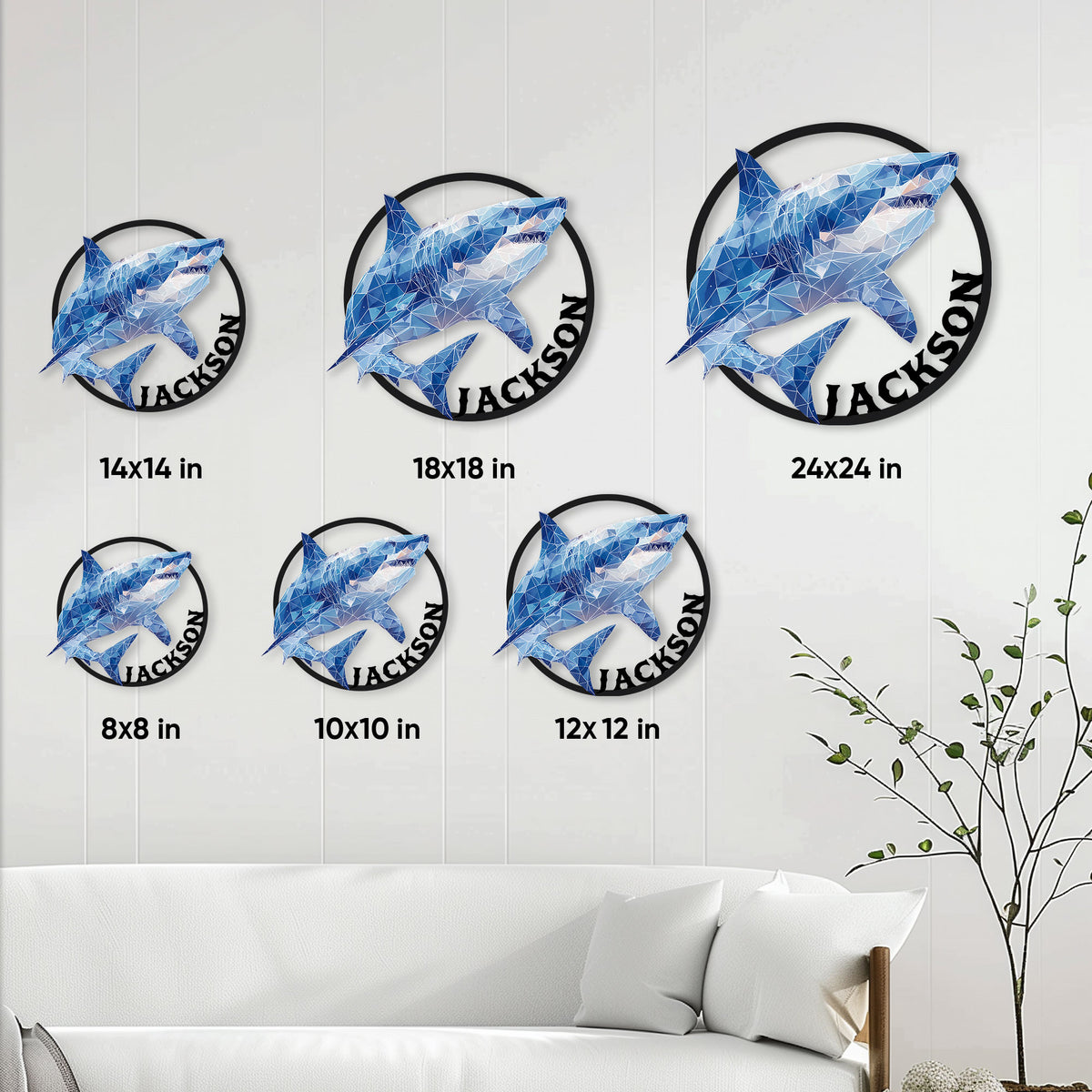 Shark metal sign size guide showing six available square sizes from 8 by 8 to 24 by 24 inches