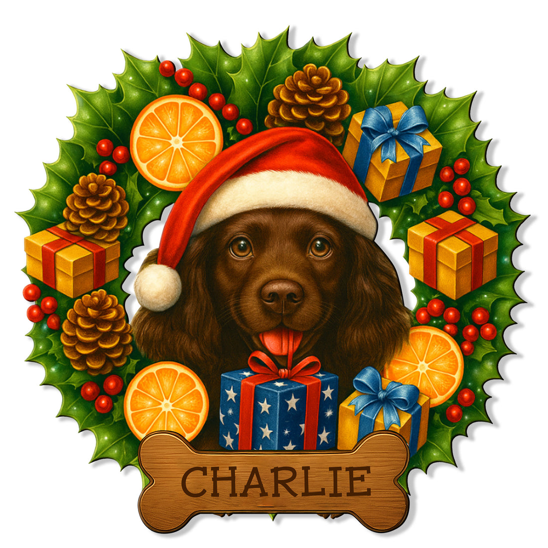 Custom Boykin Spaniel metal sign featuring a Santa hat, holly wreath, gifts, oranges, and a bone-shaped plaque