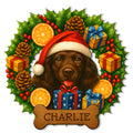 Custom Boykin Spaniel metal sign featuring a Santa hat, holly wreath, gifts, oranges, and a bone-shaped plaque