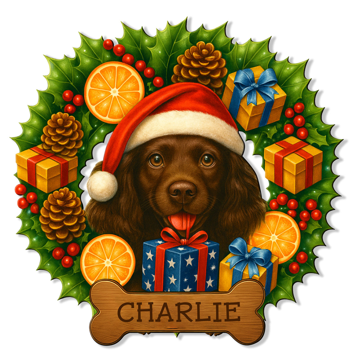 Custom Boykin Spaniel metal sign featuring a Santa hat, holly wreath, gifts, oranges, and a bone-shaped plaque