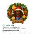 Boykin Spaniel Christmas metal sign shown with festive gifts, holly, pinecones, berries, and a cut metal design
