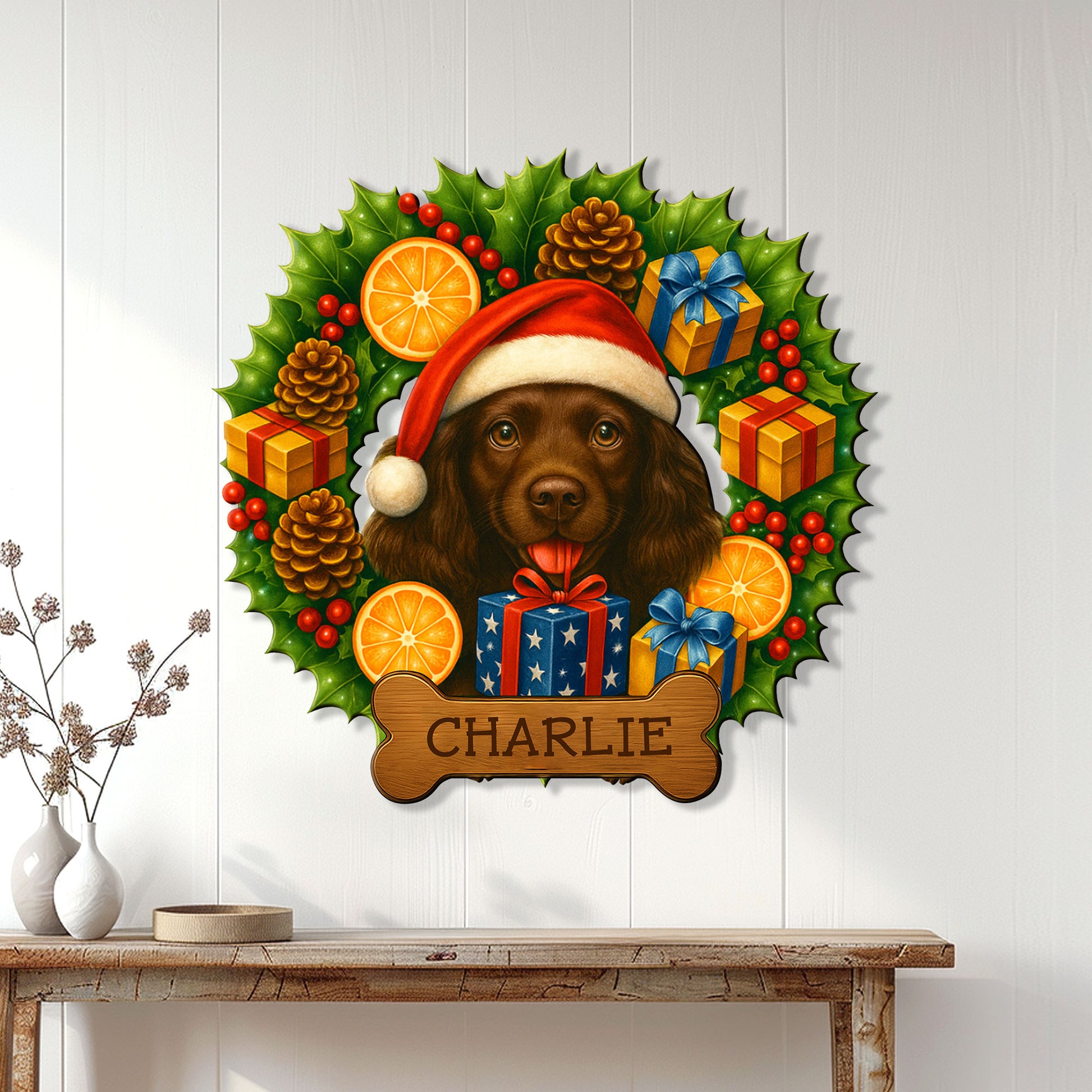 Boykin Spaniel holiday wall sign displayed on white paneled decor above a wooden console table