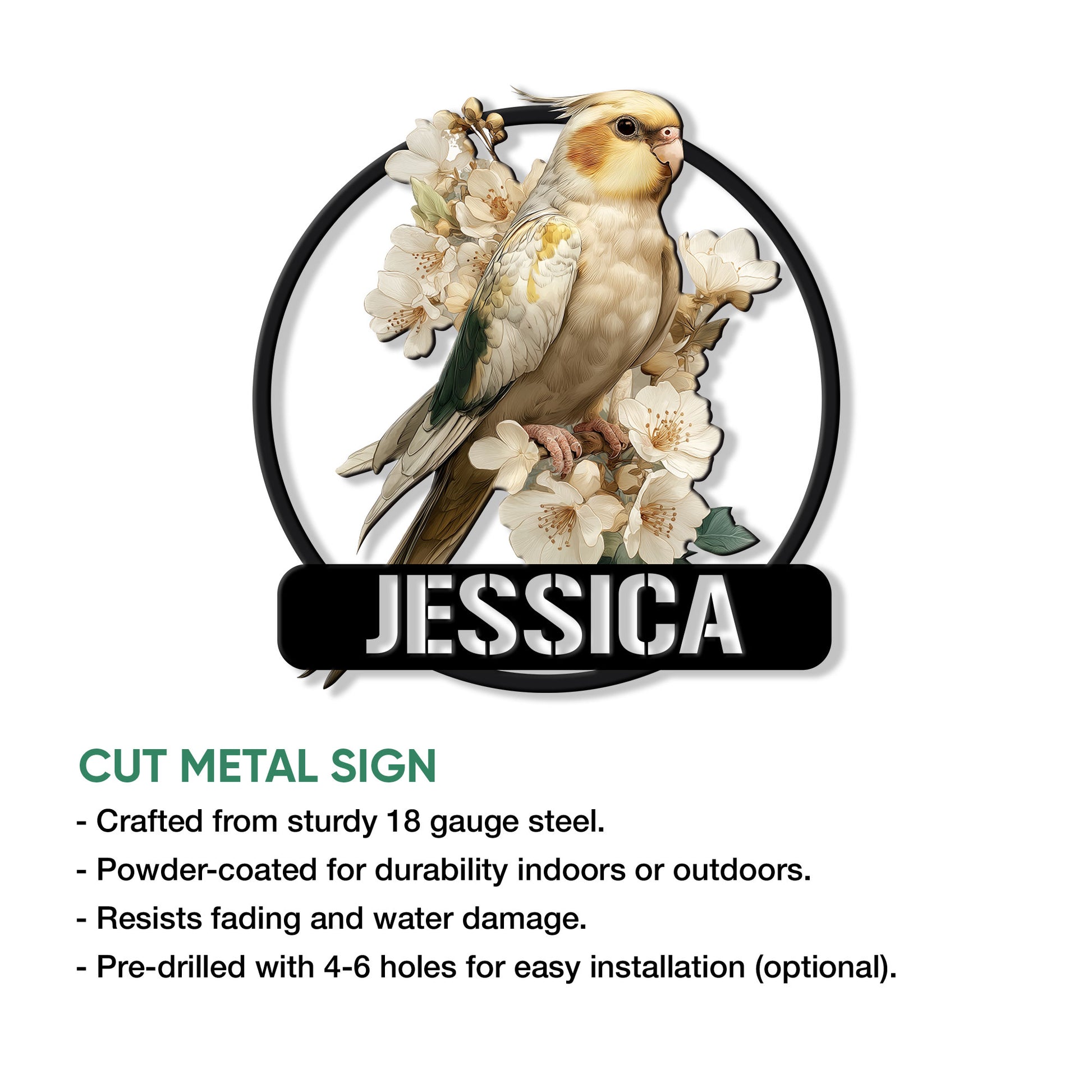 Cockatiel cut metal sign shown with indoor and outdoor use details beside the floral bird artwork