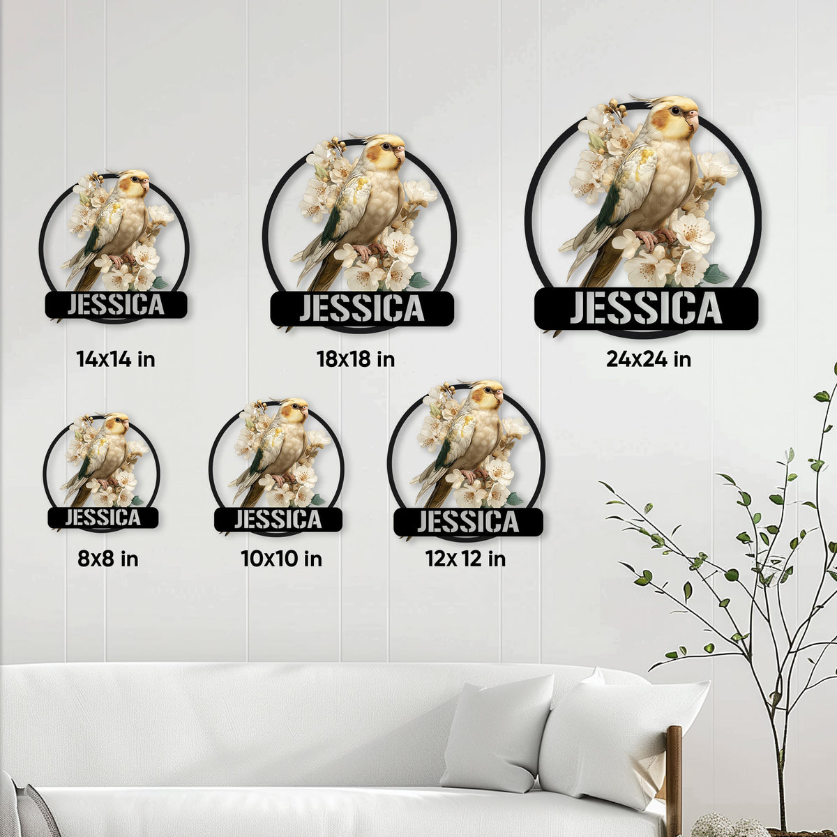 Cockatiel metal sign size guide showing 8, 10, 12, 14, 18, and 24 inch square options