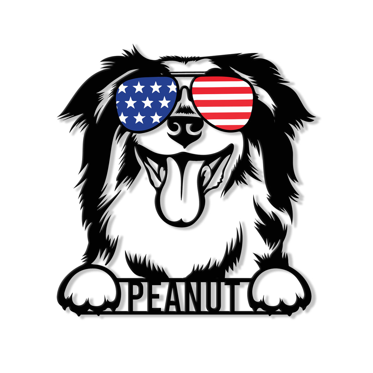 Australian Shepherd metal sign featuring a cheerful dog wearing American flag sunglasses