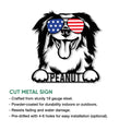 Australian Shepherd cut metal sign shown with steel construction, coating, mounting, and indoor or outdoor use details