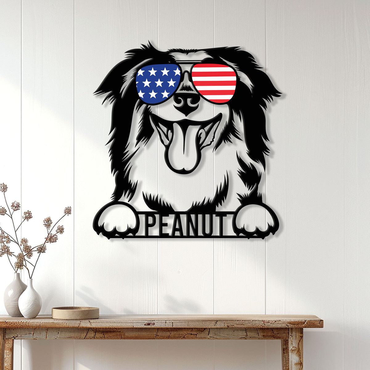 Australian Shepherd wall sign displayed on a light wood-paneled wall above a console table