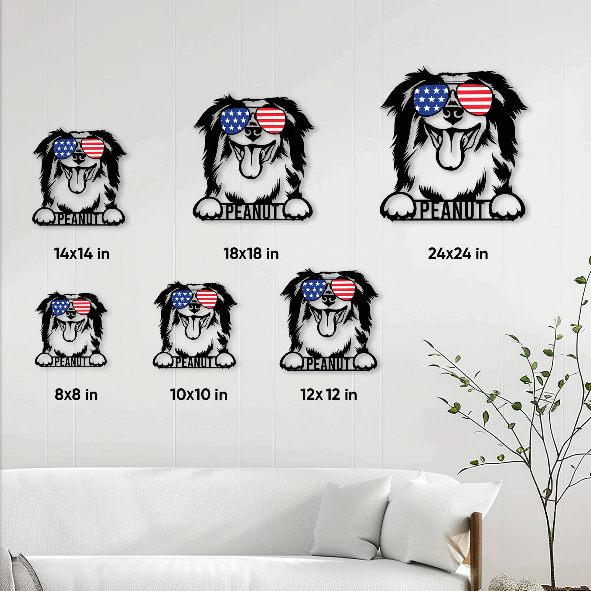 Australian Shepherd metal sign size guide showing 8, 10, 12, 14, 18, and 24 inch options