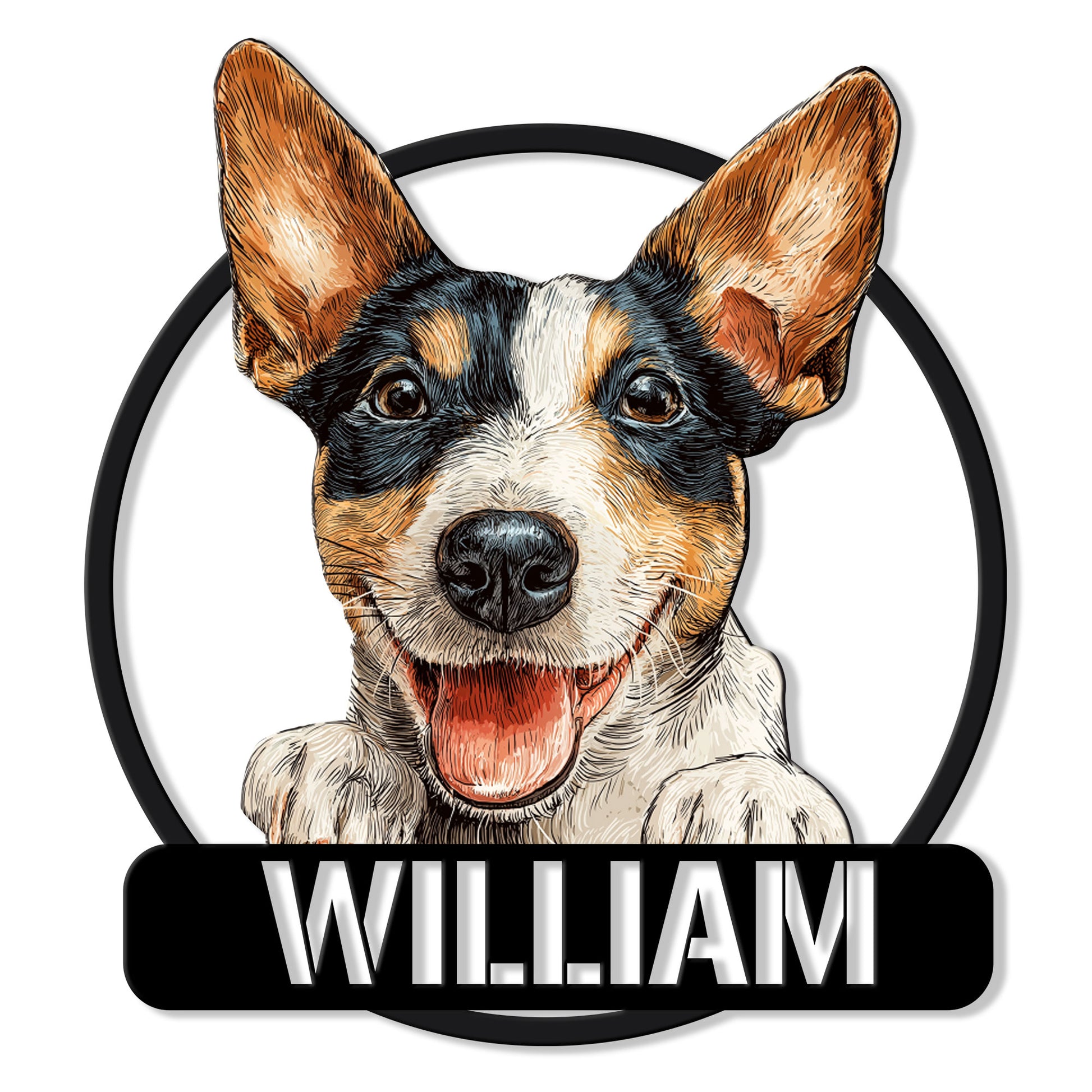 Custom Rat Terrier metal sign featuring a happy tricolor dog portrait with oversized ears and a bold black frame