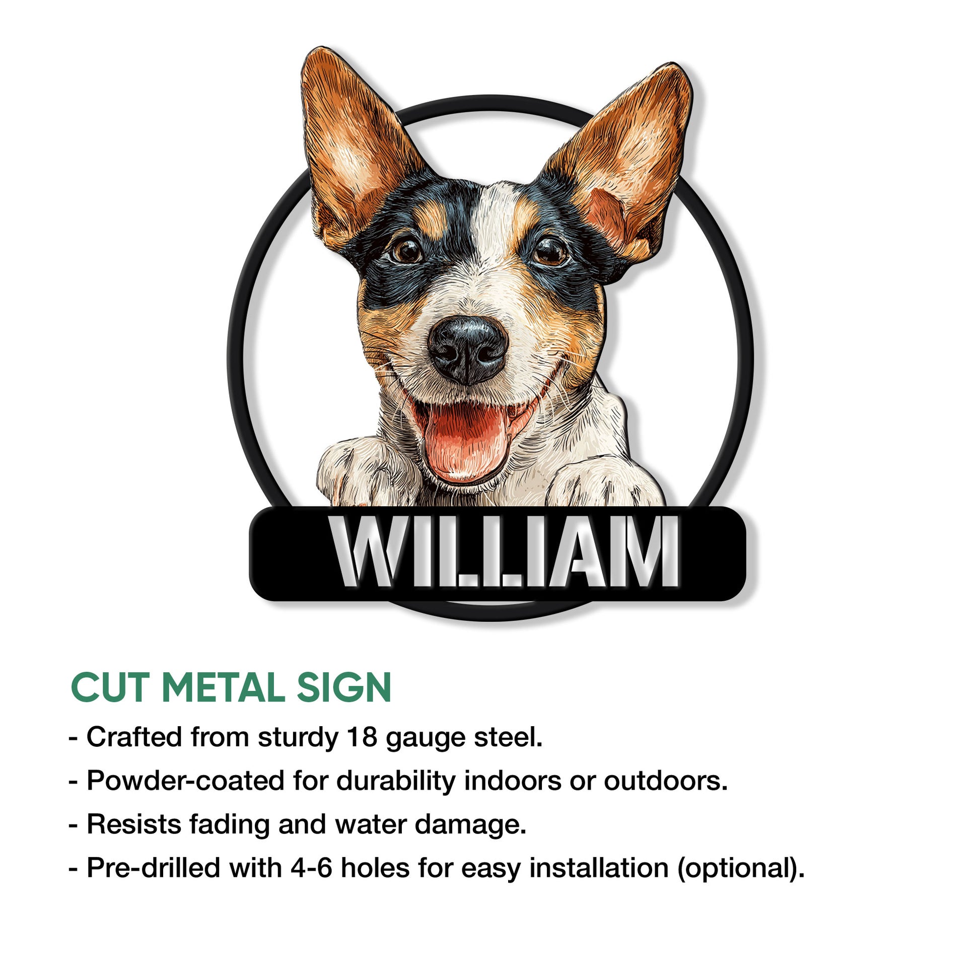 Rat Terrier metal sign shown with a detailed dog portrait and product feature information