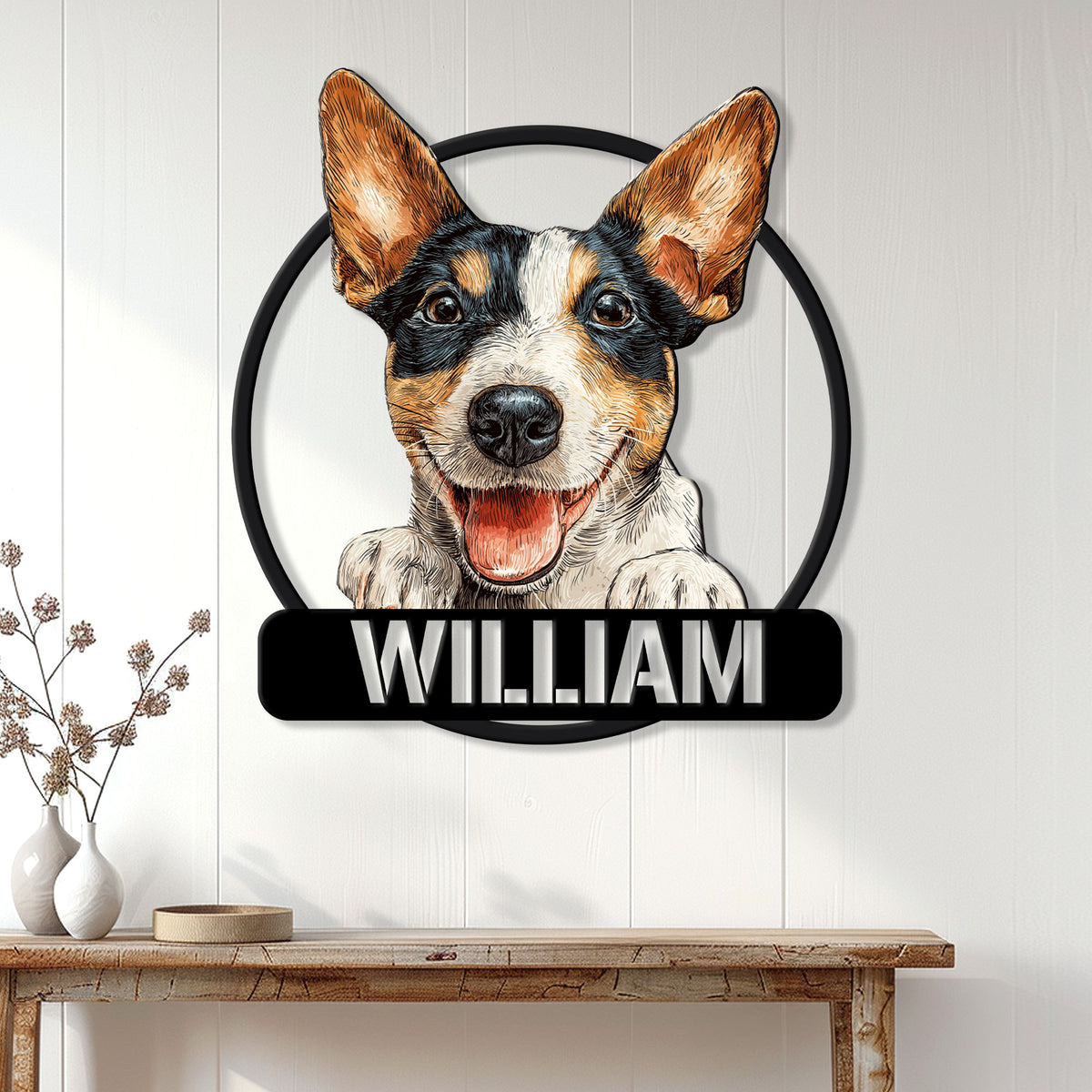 Rat Terrier wall sign displayed above a console table in a bright home entryway