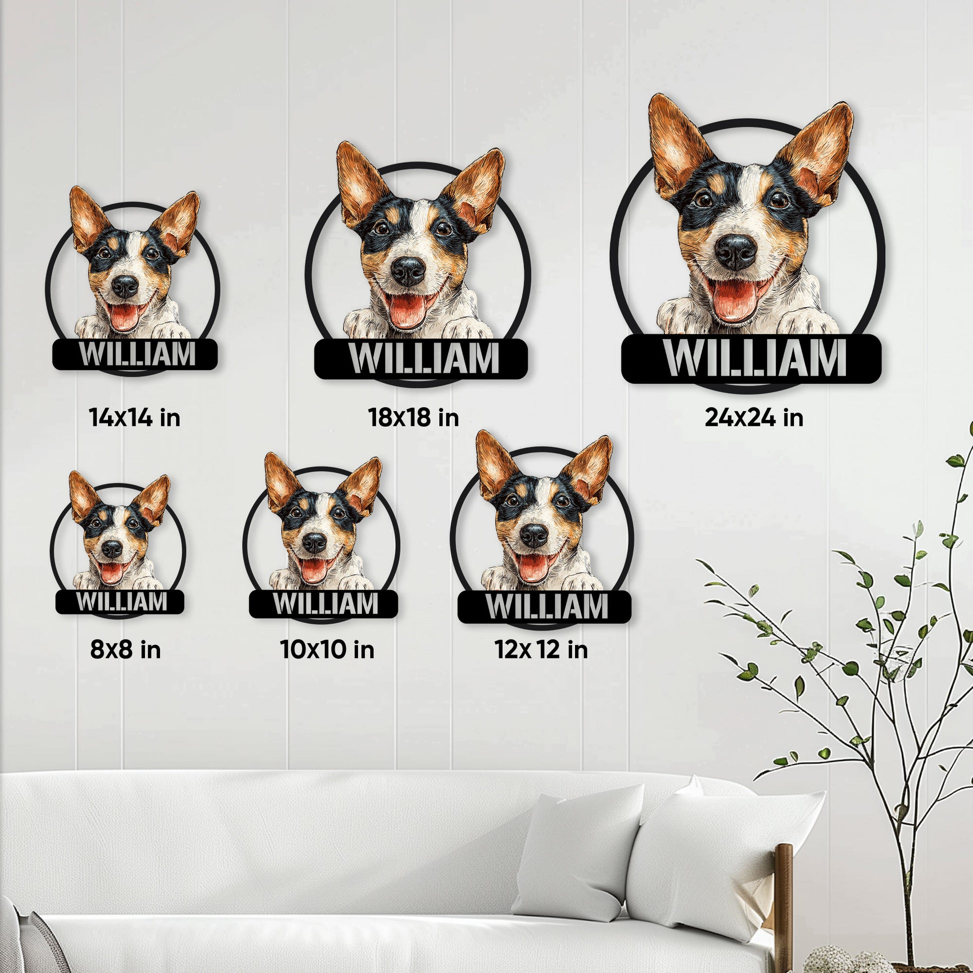 Rat Terrier metal sign size guide showing available square sizes from 8 by 8 to 24 by 24 inches