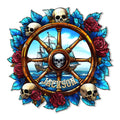 Pirate metal sign featuring a skull-adorned ship wheel, sailing ships, blue leaves, and red roses