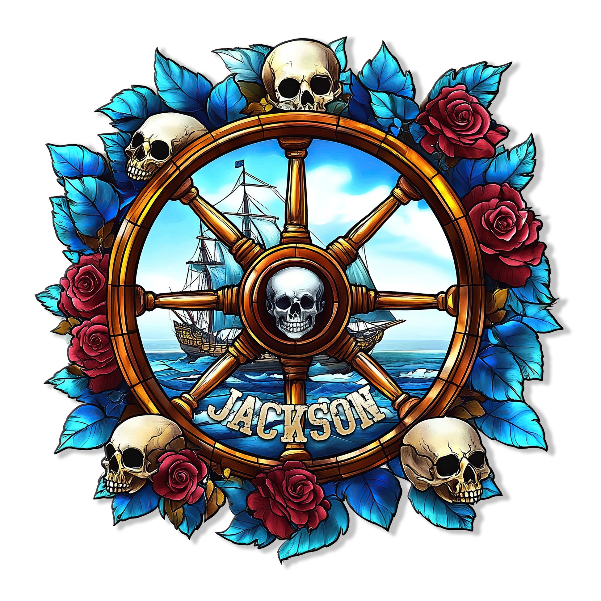 Pirate metal sign featuring a skull-adorned ship wheel, sailing ships, blue leaves, and red roses