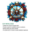 Cut metal pirate sign shown with a skull ship wheel design and product feature information