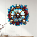 Pirate skull ship wheel metal sign displayed as nautical wall decor on a light wood-paneled wall