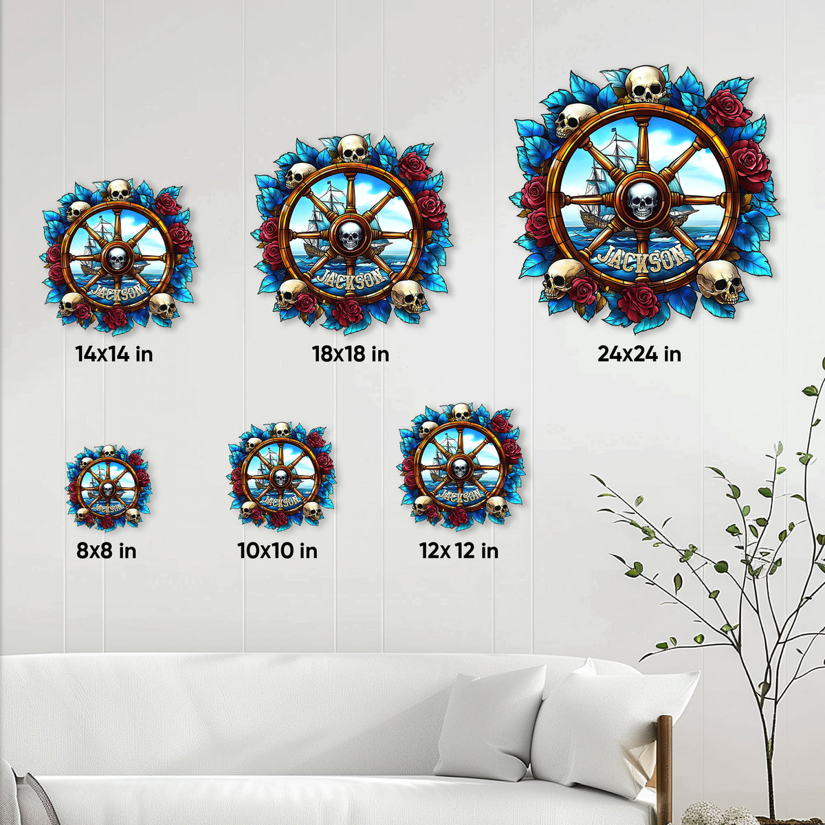 Pirate metal sign size guide showing six square size options from 8 by 8 to 24 by 24 inches