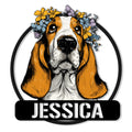 Custom Basset Hound metal sign with a floral crown, long ears, and bold black circular frame