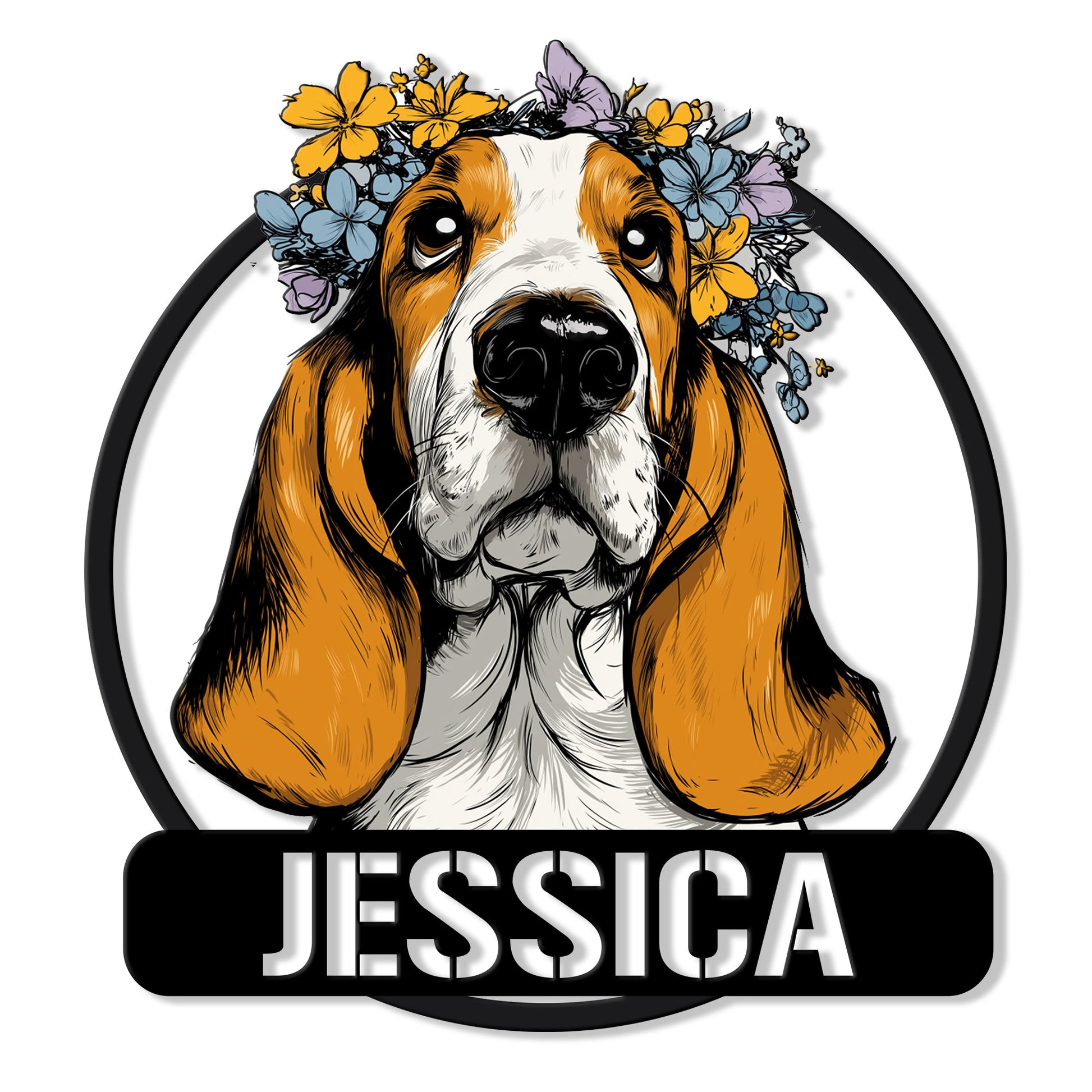 Custom Basset Hound metal sign with a floral crown, long ears, and bold black circular frame