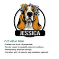 Basset Hound cut metal sign feature graphic showing the floral dog portrait and product design
