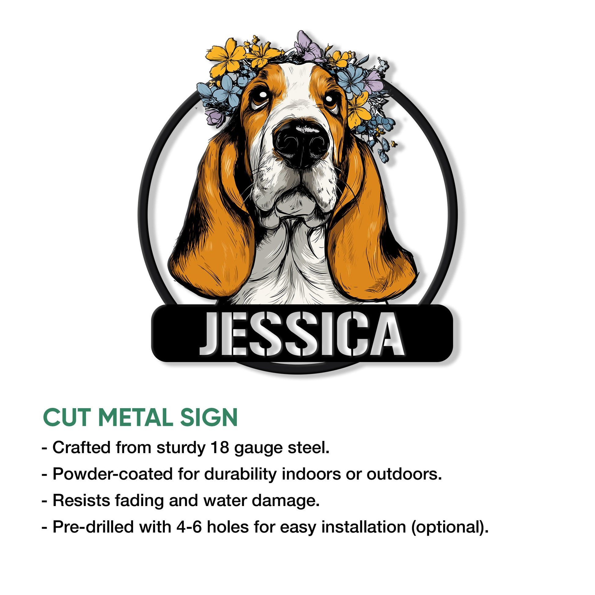 Basset Hound cut metal sign feature graphic showing the floral dog portrait and product design