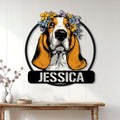 Basset Hound floral portrait metal sign displayed as colorful wall decor in a bright home