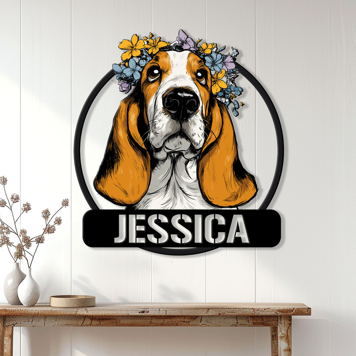 Basset Hound floral portrait metal sign displayed as colorful wall decor in a bright home